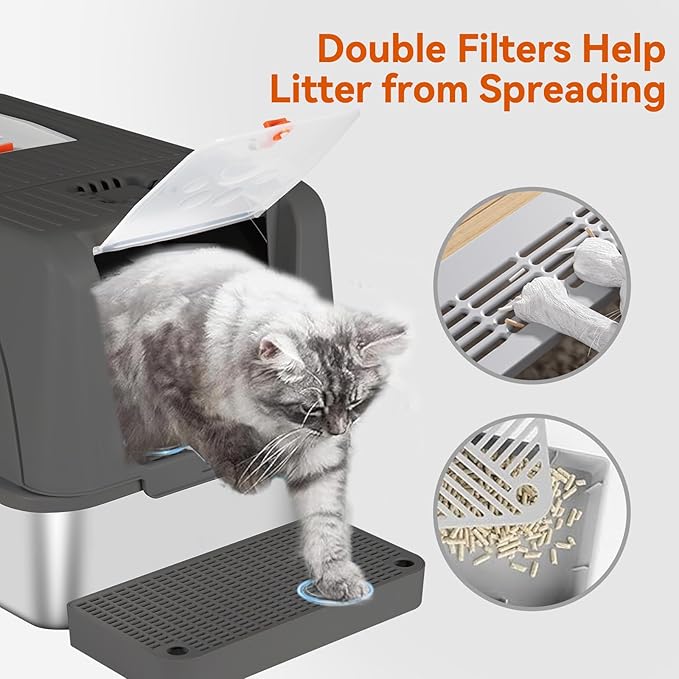 Enclosed Stainless Steel Cat Litter Box with Lid, Front & Top Flap, 180° Flip-top Design, Extra Large Metal Cat Litter Box with Scoop & Filter Pedal,Odor-Resistant (Dark Gray)