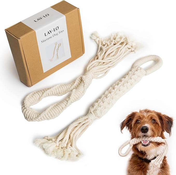 LAY LO Natural, Non-Toxic Cotton Rope Toys for Small and Medium Dogs | 2-Pack | Includes Live Support with Dog Trainer | Durable & Eco-Friendly | Unique Boho Designs with Handle | Puppy Teething Toy