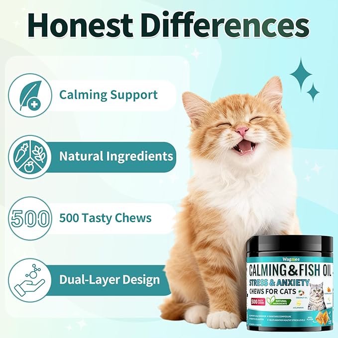 Wagmee Cat Calming Treats - 500 Tasty Cat Chews with Melatonin, Coconut Oil, Chamomile for Cat Stress and Anxiety Relief - Ideal for Travel, Storms and Indoor Care Krill Flavor 7.97 OZ