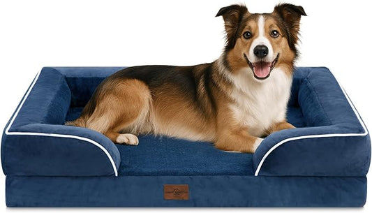 Comfort Expression Orthopedic Dog Bed for Large Dogs 38x25 Inch, Waterproof Supportive Egg Crate Foam Large Pet Bed with Removable Bolsters, Dog Couch with Washable Cover & Non-Slip Bottom, Navy Blue