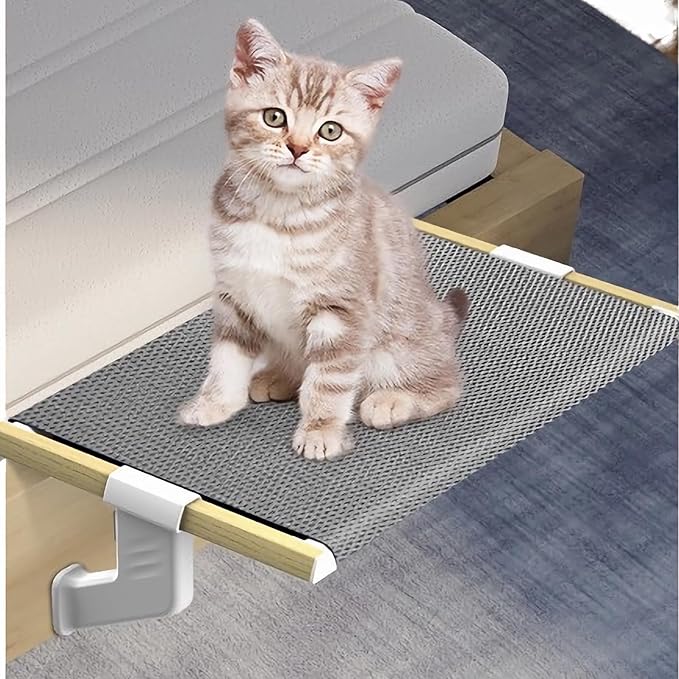 Cat Bed Window Sill Perch,Adjustable Cat Bedside Hammock Metal Frame Kitten Shelf Windowsill for Indoor Large Heavy Cats No Drilling Window Sill Extender for Pets (Wood, M)