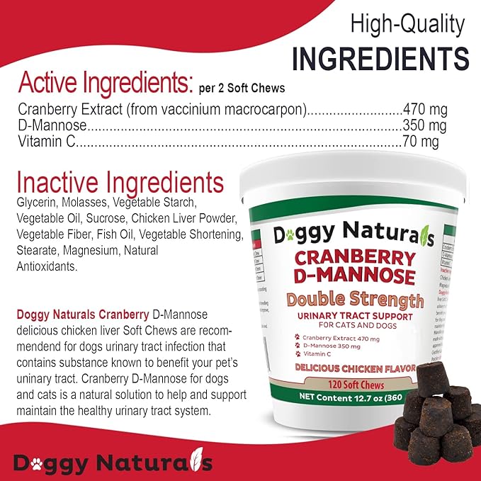 Cranberry D-Mannose for Dogs and Cats Urinary Tract Infection Support Prevents and Eliminates UTI, Bladder Infection Kidney Support 11.4 oz (Double Strength Soft Chew, 120 Soft Chew)