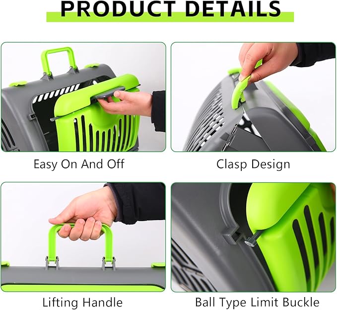 Foldable Travel Cat Carrier, Small Cat Carrier Hard Up to 25lbs, 18" Lx14.5 Wx14 H Front Open Type Plastic Cat Carriers, Green