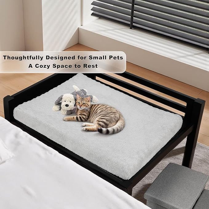 Bedside Dog Bed with Stairs，35×23 Wooden Elevated Dog Bed Cosleeper with Removable Mattress, Foldable 3-Step Stairs & Guardrail, Bassinet-Style Pet Bed for Medium Dogs