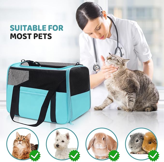 JUNGYOUN Premium Cat Carrier - Pet Carrier for Cat & Small Dogs up to 15lbs - Airline Approved Travel Dog Carrier with Anti-Escape Zippers, Collapsible Travel Bowl & Padded Strap,Blue