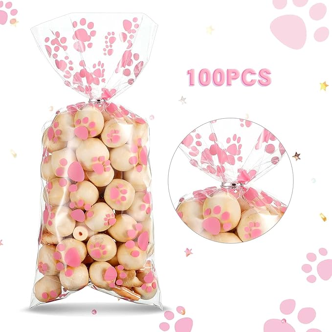 Blulu 100 Pieces Dog Treat Bags Puppy Party Favor Pet Paw Cone Cellophane Bags Candy Heat SealableDog Paw Gift with 100 Pieces Silver Twist Ties for Pet Cat Treat Party Favor(Pink)