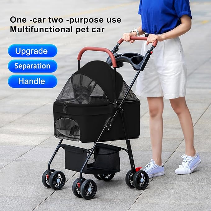 Pet Stroller-Folding 4 Wheels Cat/Dog Stroller for Medium Small Pets with Storage Basket and Cup Holder Suitable for Going Out and Traveling (Black)