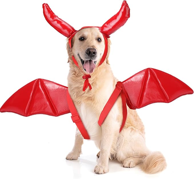 Pet Halloween Costume Angel Dog Costume Wings and Dog Devil Cat Angel Devil Cosplay Outfit Fits Many Pets for Christmas, Halloween Parties, Gifts for Dog & Cat Lovers(White, Red)