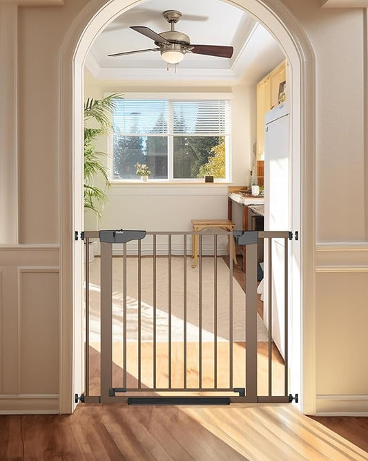 Cumbor 29.7-40.6" Baby Gate for Stairs, Mom's Choice Awards Winner-Dog Gate for Doorways, Pressure Mounted Auto-Close Pet Gates for Dogs Indoor, Safety Child Gate with Easy Walk Thru Door, Brown