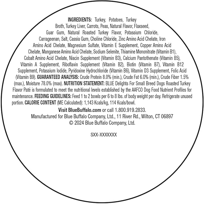 Blue Buffalo Delights Natural Adult Small Breed Wet Dog Food Cups, Pate Style, Roasted Turkey Flavor in Savory Juice 3.5-oz (Pack of 12)