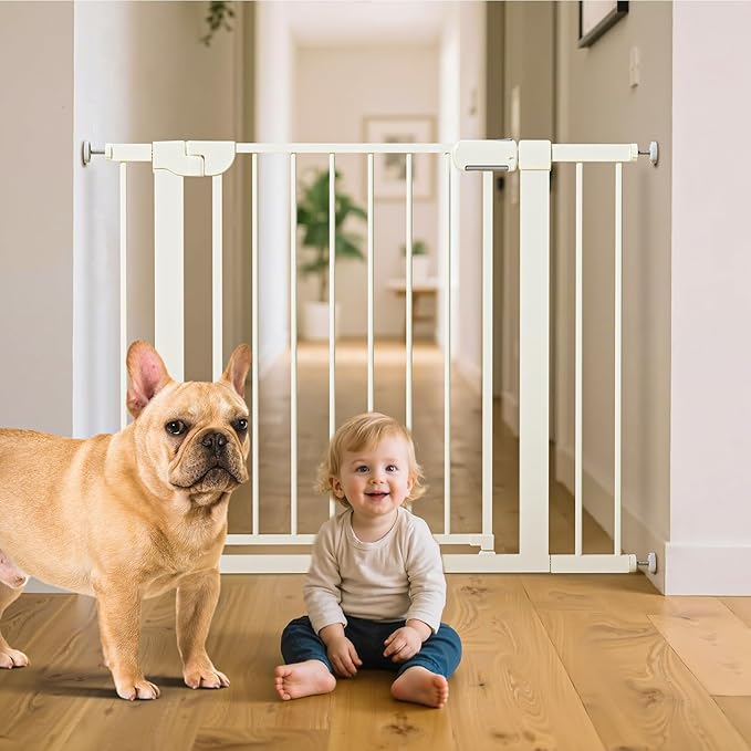 29.5-40.6" Baby Gate for Stairs, Pressure Mounted Dog Gate Indoor, Auto Close Pet Gate for Doorways No Drilling, Easy Install Baby Essentials with Large Walk Thru Door, White