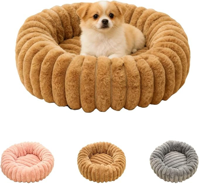 Dog Bed 24 Inch Round, Fluffy Cat Bed with Plush Comfort, Cozy Puppy Bed with Anti-Slip Bottom for Indoor Pets, Gray, Pink, Brown (Brown)