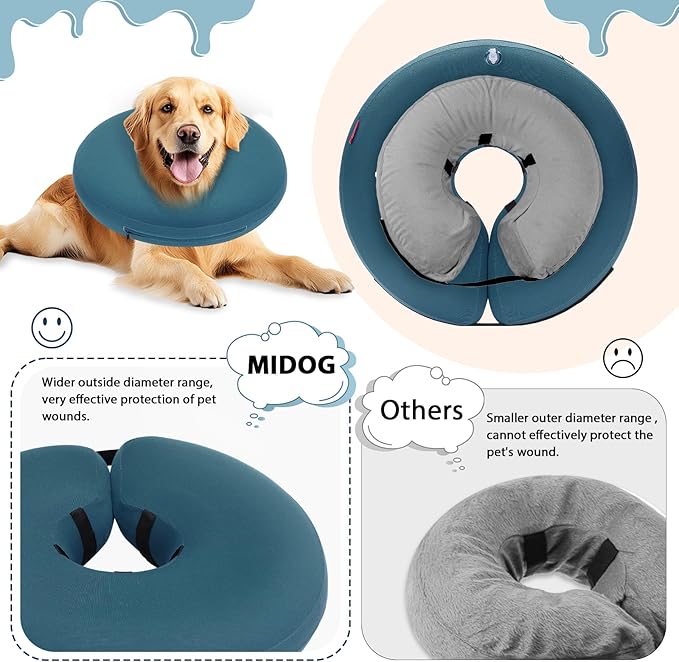 MIDOG Inflatable Dog Cone Alternative for After Surgery - Soft Protective Donut Collar Prevents Licking & Allows Eating, Comfortable Recovery E-Collar Alternative for Small Medium Large Dogs (Blue,L)