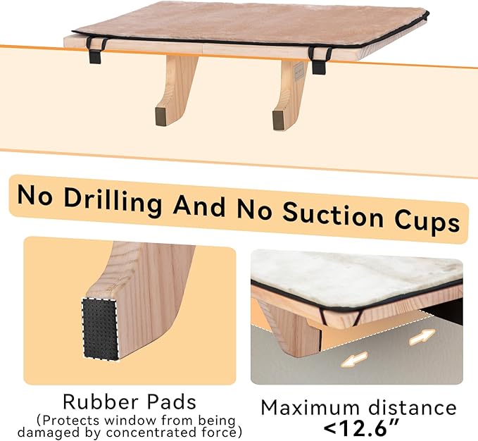 PETSFIT 2 Cats Design Window Perch, Cat Hammock Window Seat with Natural Wood &Removable Fleece Mat for Large Cats, Easy to Adjust&Assemble Cat Bed for Windowsill, Bedside and Drawer