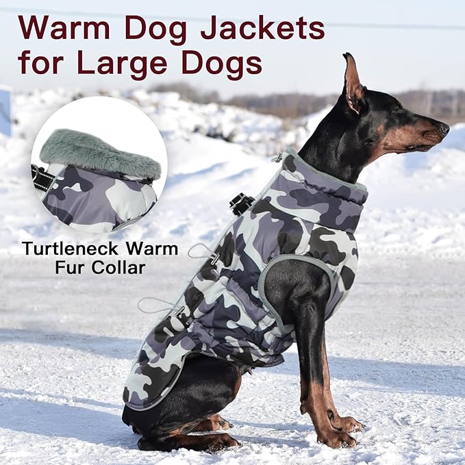 Medium Dog Coat Dog Winter Jacket,Warm Dog Coat with Harness Reflective Dog Snow Jacket Water-Resistant Dog Vest Zip Up Snowsuitfor Medium Dogs Jack Russell, Mini Schnauzer, Grey-Camouflage