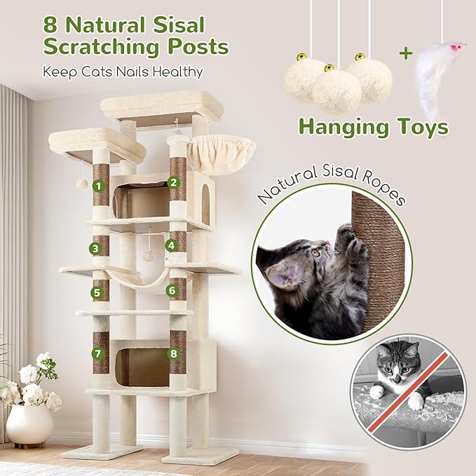 Globlazer XXL Giant Cat Tree, 83 Inch Heavy Duty Tall Cat Tower for Indoor Cats Large Adult, Multi-Level Large Cat Condo with 8 Scratching Posts, Hammock, 2 Cat Caves, 2 Platform, F83B, Beige