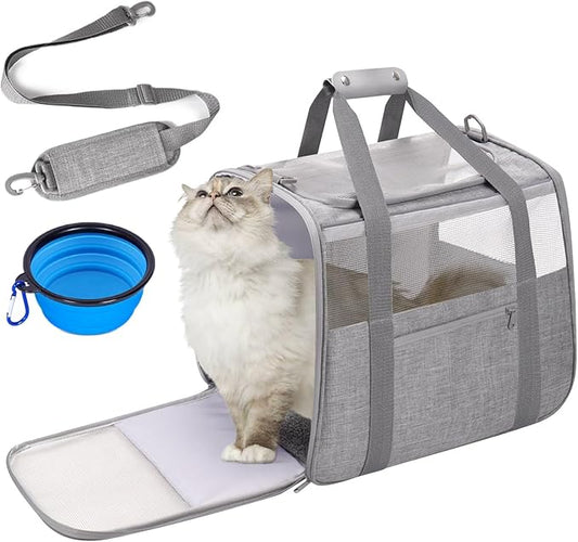 Cat Carrier Soft-Sided for Large Cats, Dog Carriers for Small Dogs, Airline Approved Pet Travel Carrier for Cats Puppies up to 16Lbs with Safety Zippers Foldable Bowl, 18x12.5x14.2, Grey