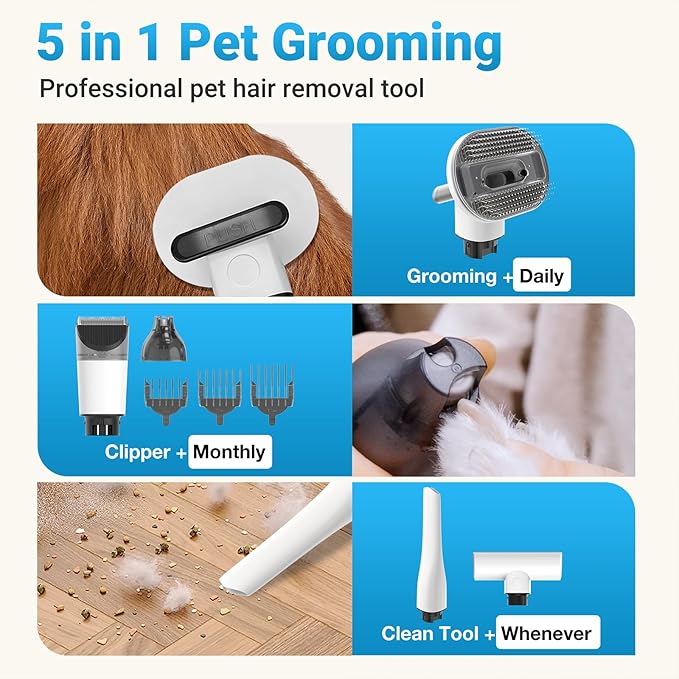 Cordless Dog Grooming Vacuum, Pet Grooming Kit with Clippers Nail Grinder 5 Pet Grooming Tools,2.2L Dust Cup,Low Noise,Dog Vacuum for Shedding Grooming for Home Outdoor Car