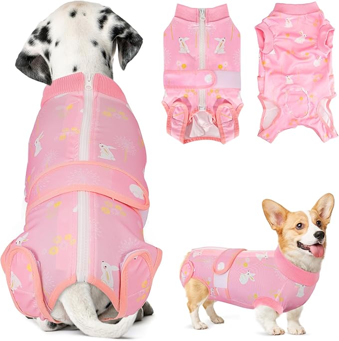 Lukovee Recovery Suit for Dogs, Zipper On Recovery Suit for Female Male Dog, Onesie Abdominal Wounds Cone E-Collar Alternative Prevent Licking Spay Recovery Suit (A-Pink,X-Small)