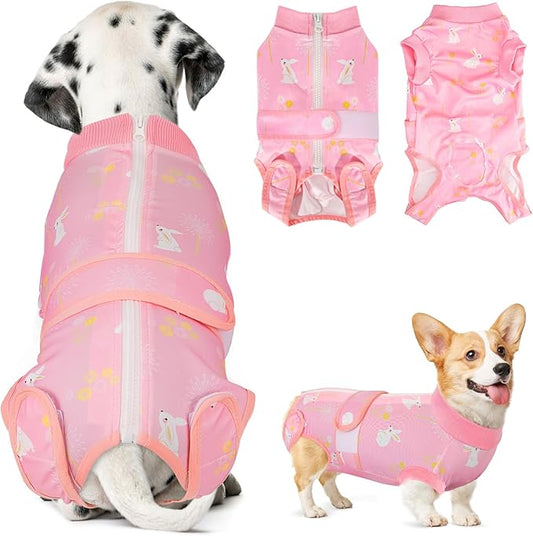 Lukovee Recovery Suit for Dogs, Zipper On Recovery Suit for Female Male Dog, Onesie Abdominal Wounds Cone E-Collar Alternative Prevent Licking Spay Recovery Suit (A-Pink,X-Small)