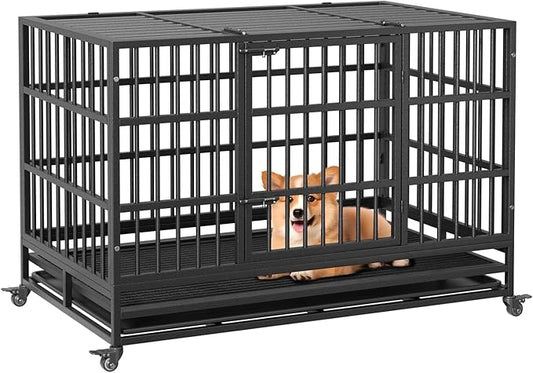 48 in Heavy Duty Dog Crate, Foldable Indoor Dog Cage with Double Door, 360° Lockable Wheels and Removable Tray, Easy to Clean and Assembly，for Small Medium Large Dogs