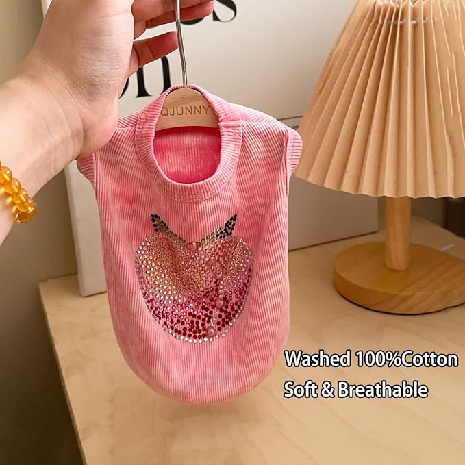 Washed Cotton Pet Vest with Rhinestone Fruit Designs, Soft & Stylish Small Dog Cat Vest for Spring Summer, Breathable & Shiny (Pink-Peach, X-Small)