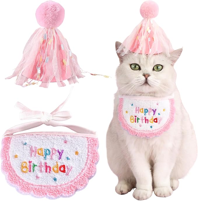 Kunyeah 2Pcs Pet Happy Birthday Hat Scarf Set Puppy Princess Costumes Cute Cat Bandana Outfit Dog Cone Hat wtih Pom-pom Colorful Lace Bib Collar Pet Birthday Decorations Party Supplies (Pink)