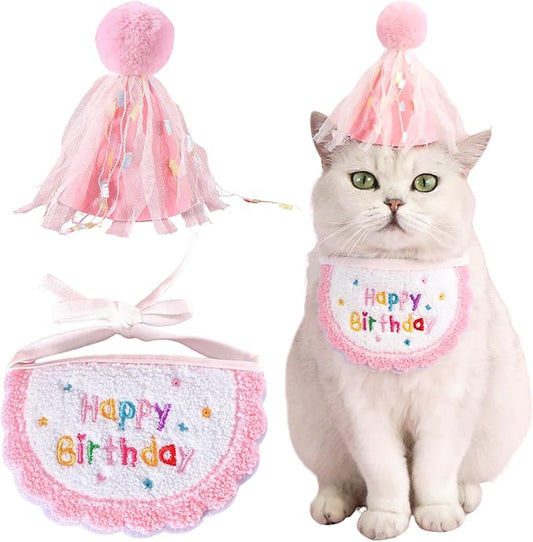 Kunyeah 2Pcs Pet Happy Birthday Hat Scarf Set Puppy Princess Costumes Cute Cat Bandana Outfit Dog Cone Hat wtih Pom-pom Colorful Lace Bib Collar Pet Birthday Decorations Party Supplies (Pink)