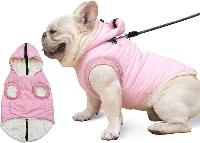 Fleece Lining Dog Hoodie with Harness Built in,Extra Warm Medium Dog Jacket in Winter Doggie Coats with Hooded,Light Pink L