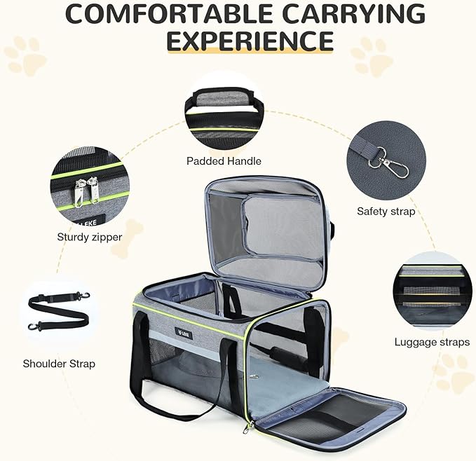 Lekereise Top-Expandable Pet Carrier - TSA Airline Approved Soft Sided Underseat Up to 12lbs Travel Carriers for Small Cats and Dogs with Locking Safety Zippers Anti-Scratch Mesh Gray