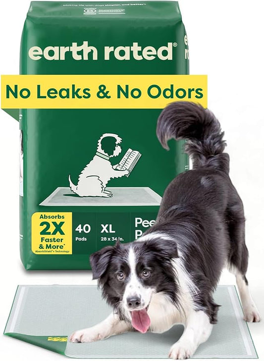 Earth Rated Max Absorbency Puppy Pee Pads for Dogs Absorbs 2X Faster & 2X More, Leak-Proof Odor-Free Potty Training Wee Wee Pad, Unscented, XL, 28” x 34”, 40 Count