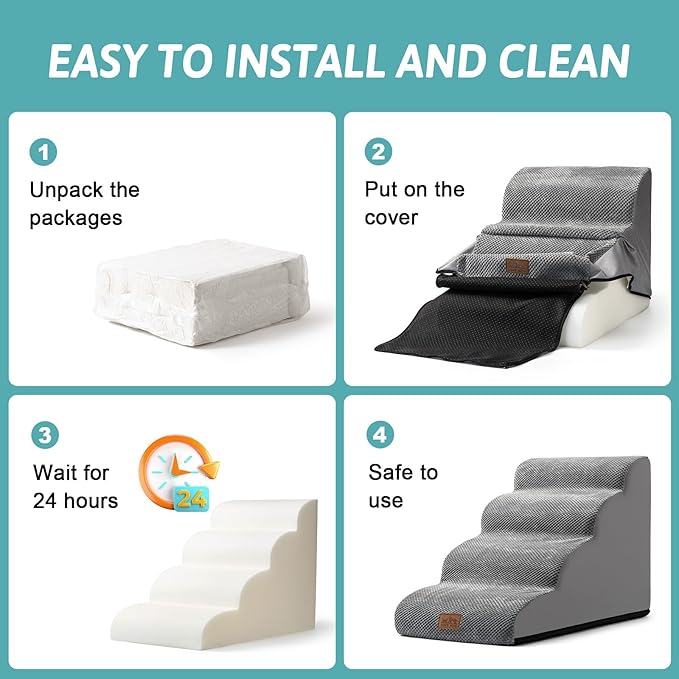 Dog Stairs for Small Dogs 19.7" H, Curved Dog Step for Puppy, Older or Cat, Medium Pet Ramp for Sofa, Couch or Bed, Ladder with High Density Foam, 4 Step, 15.7x28.3x19.7 inch, Grey