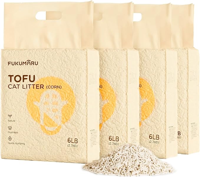 FUKUMARU Tofu Cat Litter - Corn Starch Blend, Flushable & Dust-Free, Quick Clumping, Superior Odor Control, Unscented, All-Natural, Low Tracking Pellets, Lightweight, 24 LBS (4 Packs)