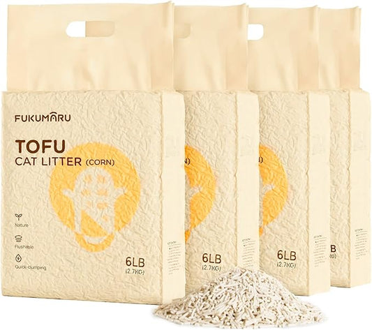 FUKUMARU Tofu Cat Litter - Corn Starch Blend, Flushable & Dust-Free, Quick Clumping, Superior Odor Control, Unscented, All-Natural, Low Tracking Pellets, Lightweight, 24 LBS (4 Packs)