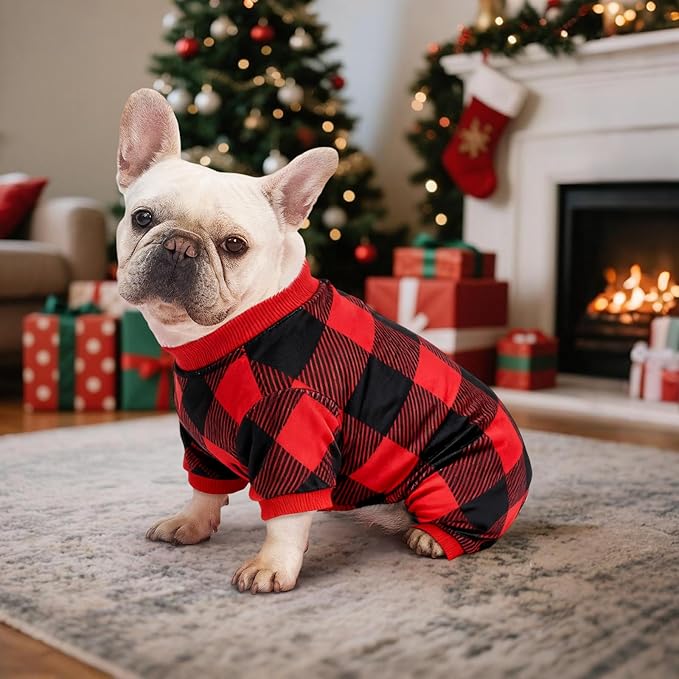 Dog Christmas Pajamas Soft Velvet Red Plaid Dog Christmas Outfit Warm Pet Winter Clothes for Small Medium Large Pet Dogs Cats