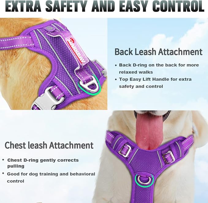 BARKBAY No Pull Dog Harness Large Reflective Dog Harness with Front Clip and Easy Control Handle for Walking Training Running with ID tag Pocket(Purple,XL)