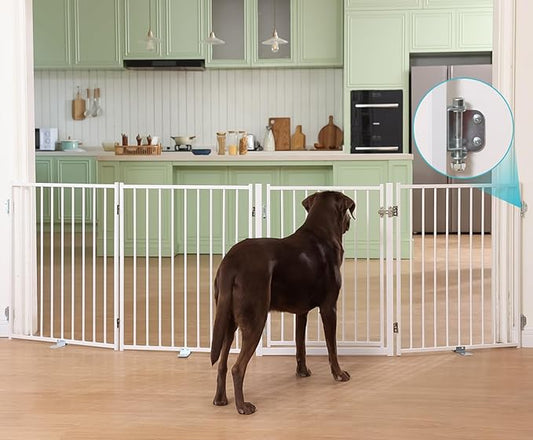No Pawblems Free Standing Dog Gate with Door, 30'' Tall Foldable Dog Fence for Indoor & Outdoor, Up to 104 Inch Extra Wide Puppy Gate for Stairs, Hallways, Doorways, Deck, Yard (White, 4 Panels)