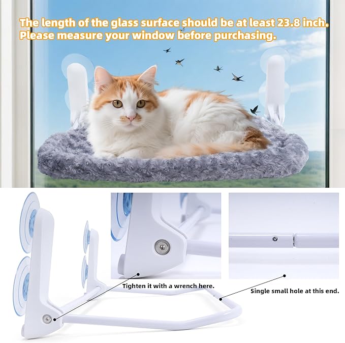 Cat Window Perch, Cordless Foldable Cat Hammock Bed with 4 Suction Cups, Embeded Machine Washable Bed for Indoor Cats, Strong Metal Frame Holds 40lbs (Grey,Cotton Binding)