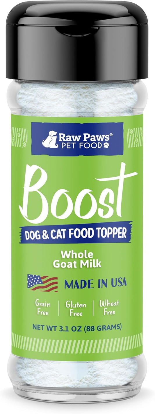 Raw Paws Boost Pet Food Topper Whole Goat Milk Powder, 3.1-oz - Made in USA, Dog Food Toppers for Dry Food - Cat Food Toppers, Dog Food Topper Powder, Dog Food Flavor Topper, Goat Milk Gravy for Cats