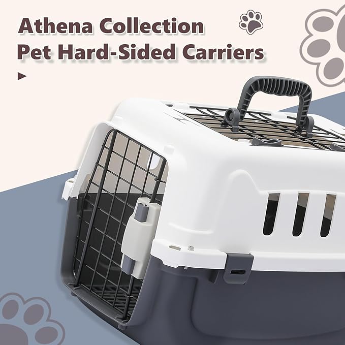 Athena Collection 18" Hard-Sided Travel Pet Carrier for Small Dogs and Cats, Plastic Dog Crate with 2-Door Top & Front Load & Ventilation & Security Lock, Cat Dog Carrier for Pet, up to 10lbs, Grey