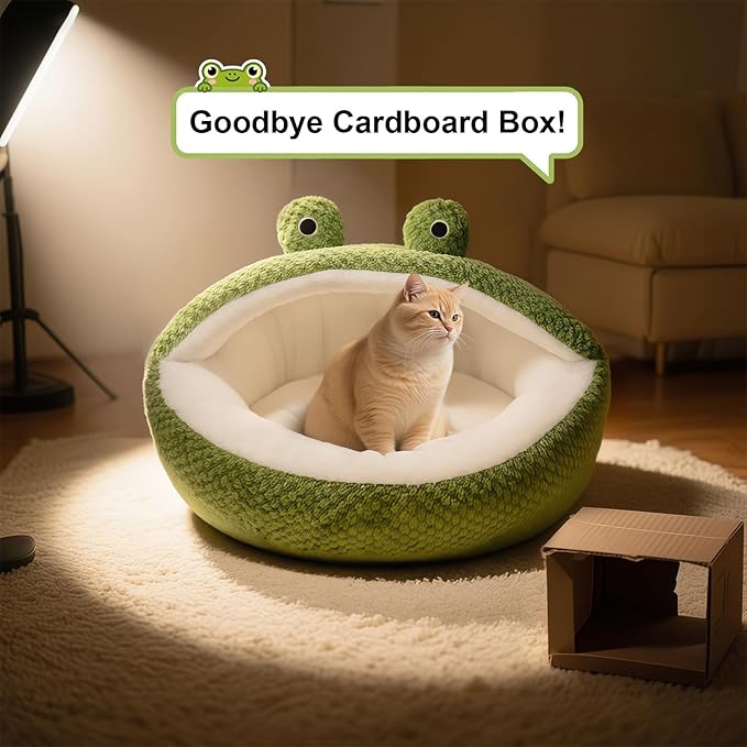 CWV Cute Cat Beds Kitten Beds, Soft Small Dog Beds, Washable Pet Beds for Puppy and Kitty, Funny Frog Cat Cave, 23 Inches