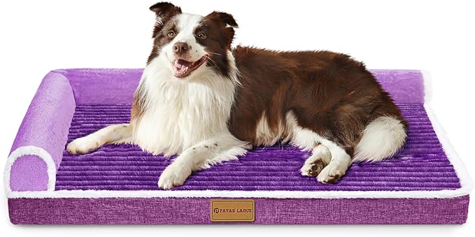 Patas Lague Orthopedic XL Dog Bed Large Sized Dog 48''X30'', Waterproof Comfortable L Bolster Big Extra Large Non-Slip Soft Warm Pet Crate Bed Sleep Sofa mat with Removable Washable Cover, Purple