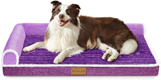 Patas Lague Orthopedic XL Dog Bed Large Sized Dog 42''X28'', Waterproof Comfortable L Bolster Big Large Non-Slip Soft Warm Pet Crate Bed Sleep Sofa mat with Removable Washable Cover, Purple
