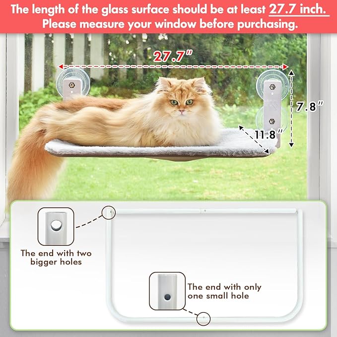 AMOSIJOY Cordless Cat Window Perch, Cat Hammock for Wall with 4 Suction Cups, Solid Metal Frame and Reversible Cover, Foldable Cat Beds for Indoor Cats