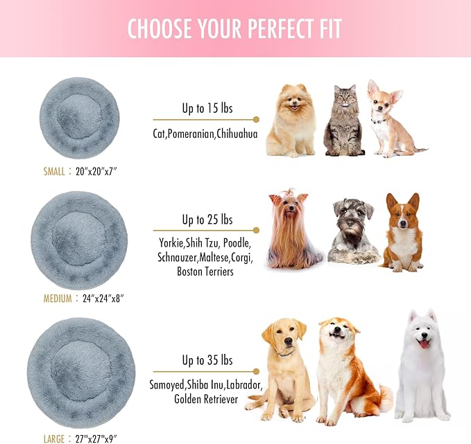 Anti Anxiety Round Fluffy Plush Faux Fur Warm Washable Dog Bed & Cat Bed, Original Bed for Small Medium Large Pets,Used to Relieve Joints and Improve Sleep（20"/24"/27''） (24", Light Grey)