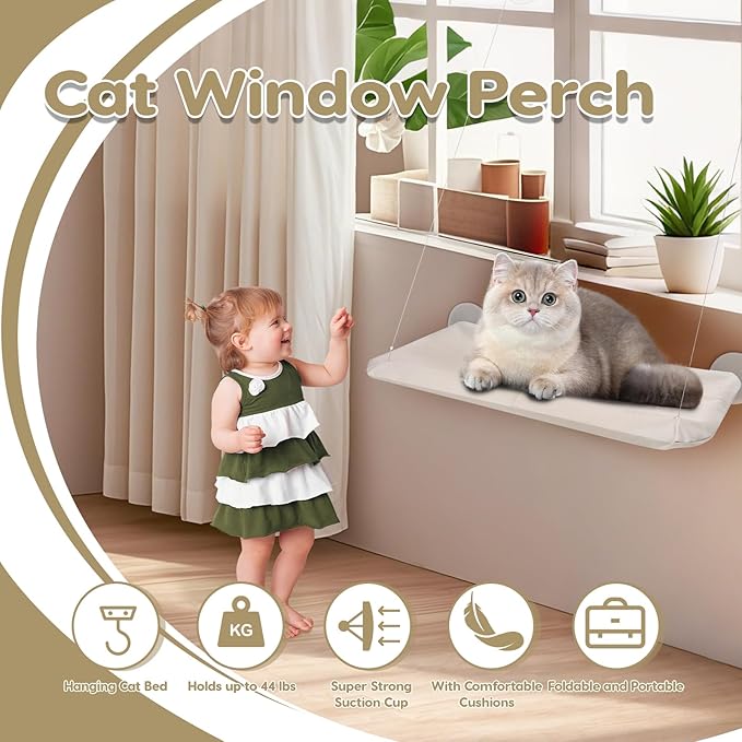 Cat Window Perch, Hanging Cat Hammock for Window, Foldable Cats Windows Bed with 4 Suction Cup, Windows Hammock for Cats Inside Perch Hold up to 44 Pounds Two Pets (Khaki, L)