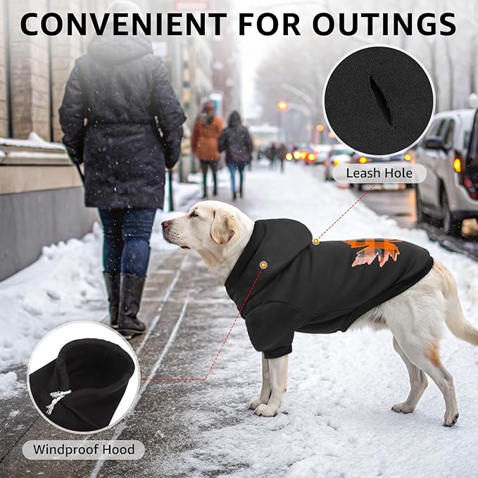 SCENEREAL Thanksgiving Dog Hoodie with Leash Hole Male Female - Warm & Soft Fleece Pet Sweater Clothes Sweatshirt with Leaf Pattern, Cold Weather Coat for Small Medium Large Dogs Puppies, L