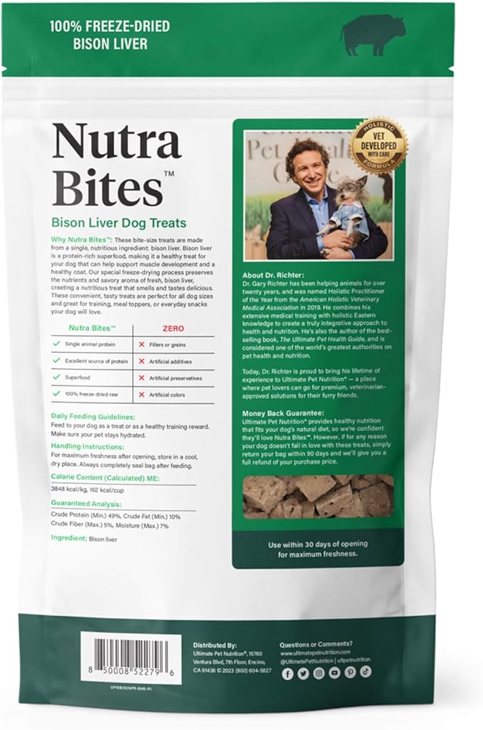 ULTIMATE PET NUTRITION Nutra Bites Freeze Dried Raw Single Ingredient Training Treats Food Topper for Dogs, 4 Ounces, Bison Liver