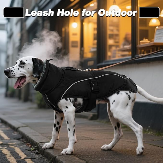 DENTRUN Extra Large Warm Dog Jacket - Windproof Water Repellent Reflective Coat, Adjustable Plush Turtleneck, Easy Wear Fleece Lined Cold Weather Vest for Great Dane, Black, XXXL