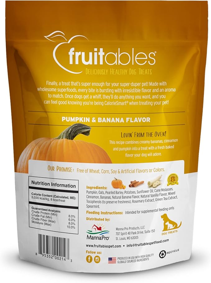 Fruitables Baked Dog Treats, Healthy Pumpkin Treat for Dogs, Low Calorie & Delicious, No Wheat, Corn or Soy, Made in the USA, Pumpkin and Banana Flavor, 7oz